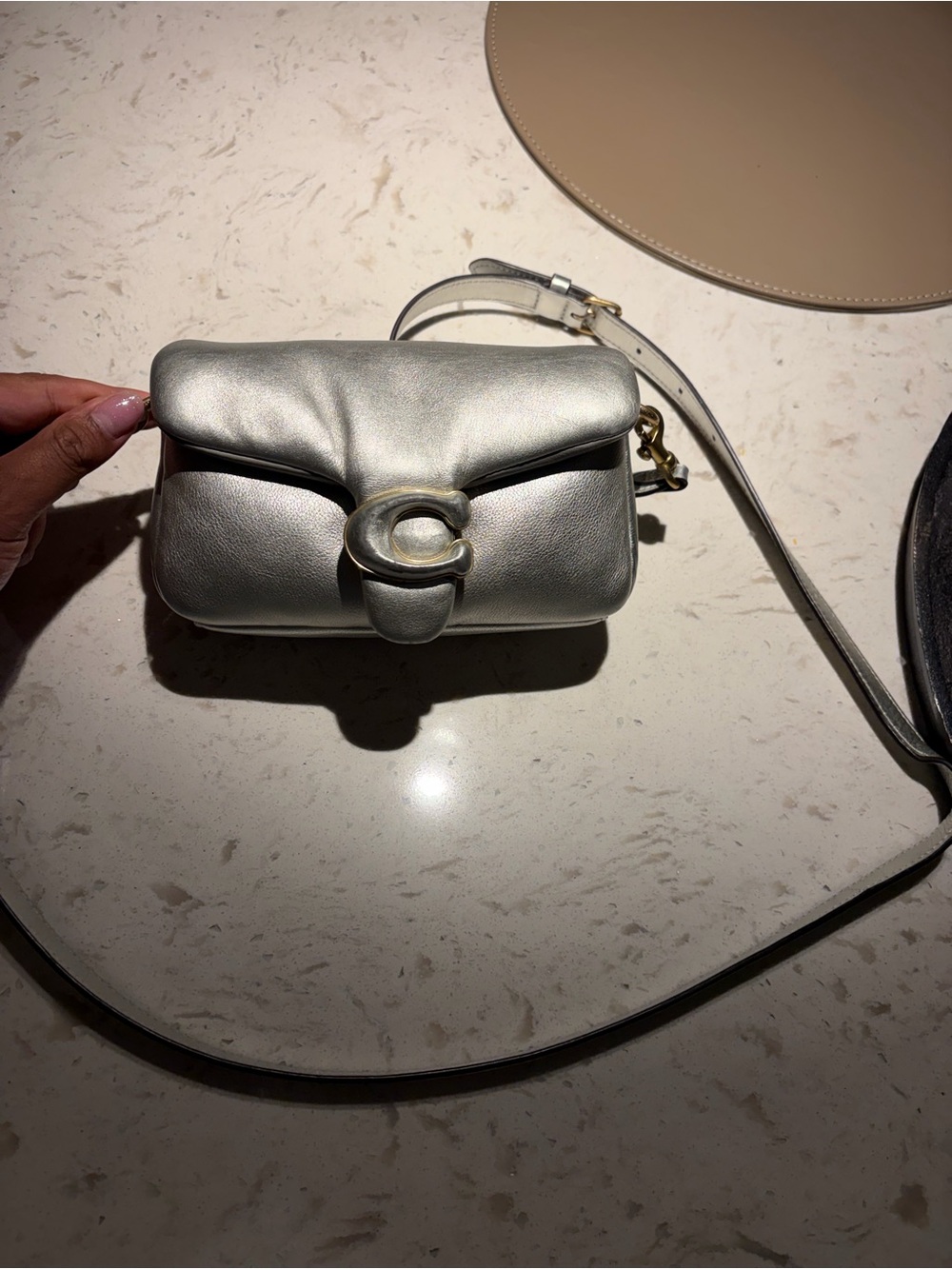 Coach Silver Metallic Leather Crossbody with Signature C
